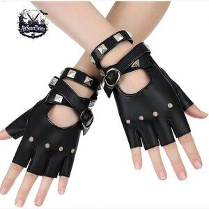 Faux Leather Fingerless Gloves with Belt Closure and Rivet Details